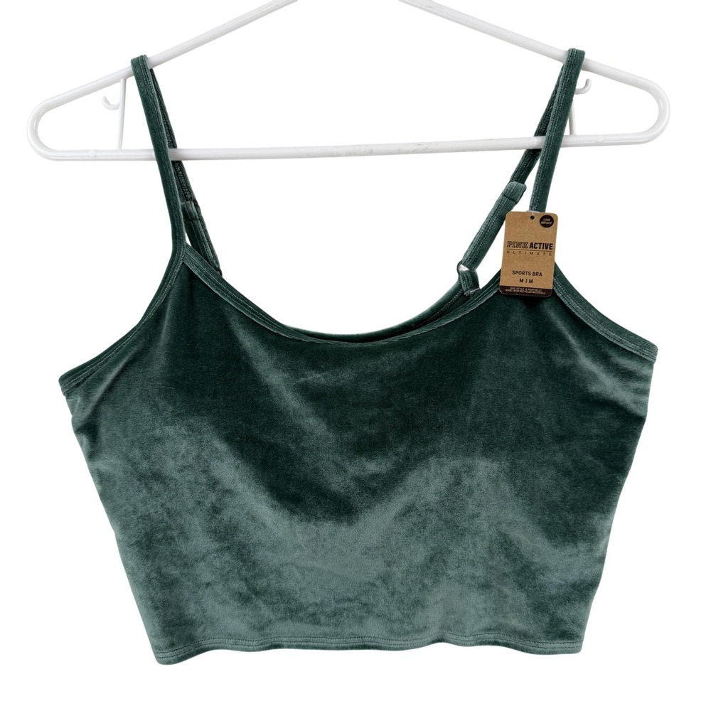 PINK Active‎ Sports Bra Womens Medium Green Velour Cami Crop Top Yoga Athletic